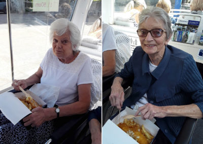 Two lady residents aboard the Kentish Lady enjoying fish and chips for lunch