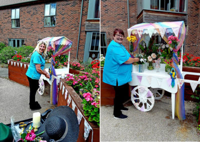 Hengist Field Care Home Recreation and Well-Being staff decorating the garden and drinks trolley