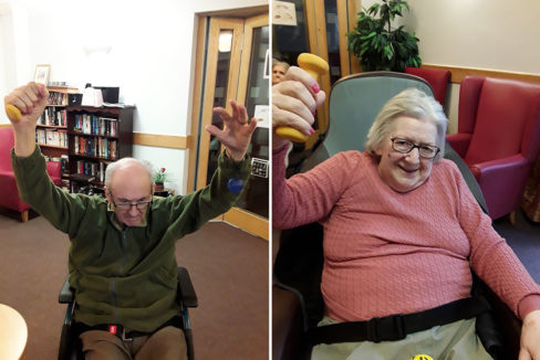 Hengist Field Care Home residents doing armchair exercises with weights