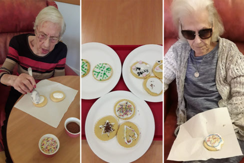 Hengist Field Care Home residents decorating shortbread cookies