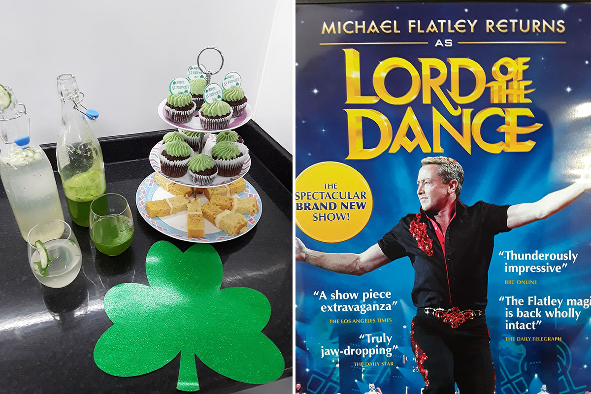 Hengist Field Care Home St Patrick's Day drinks, cakes and Lord of the Dance poster