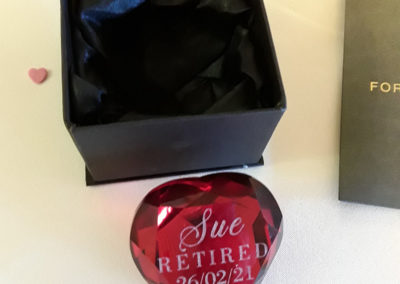 Heart shaped crystal retirement gift for a staff member at Hengist Field Care Home