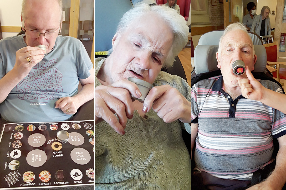 Residents smelling different scents at Hengist Field Residential Care Home