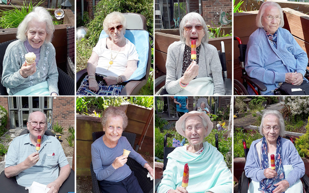 Enjoying the sun with ice cream and lollies at Hengist Field Care Home