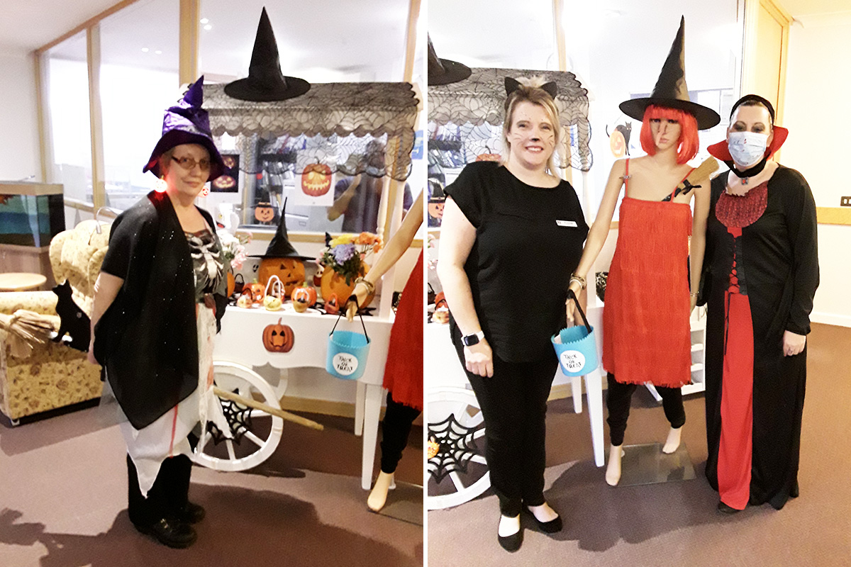 Halloween fancy dress and decorated trolley at Hengist Field Care Home