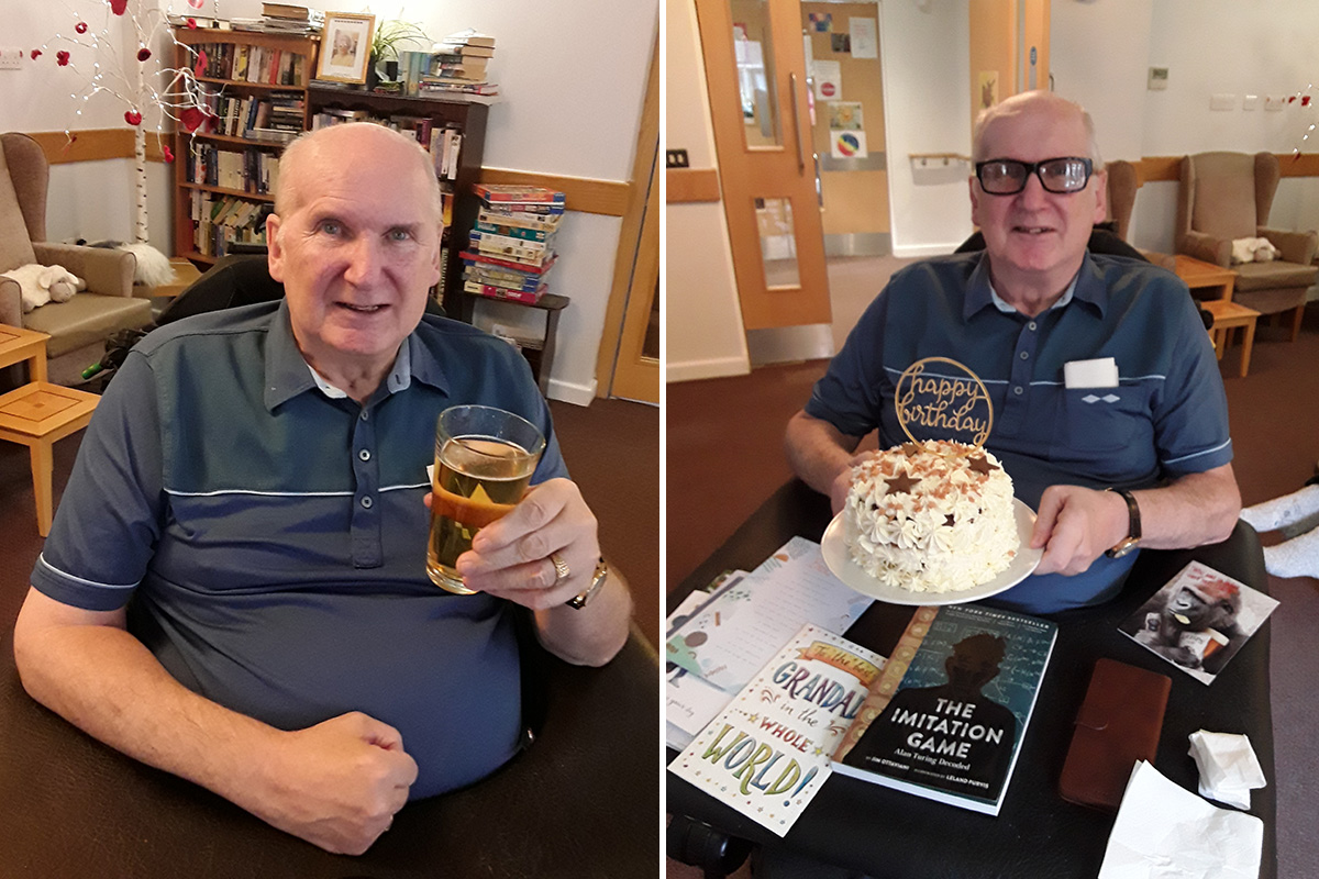 David with a birthday beer and his cake at Hengist Field Care Home