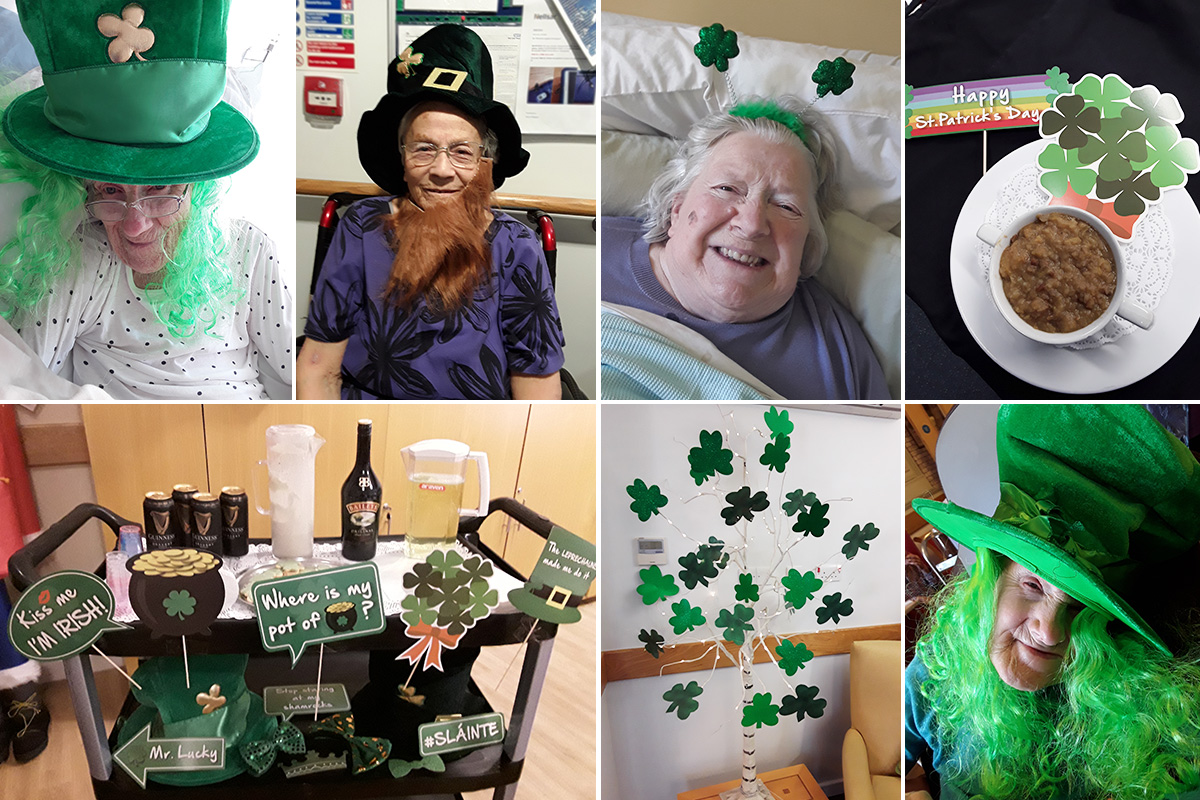Hengist Field Care Home residents celebrating St Patrick's Day with props and themed refreshments