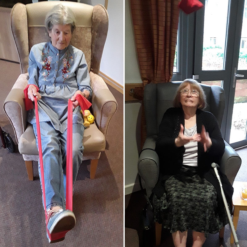 Hengist Field Care Home residents using stretch bands and beanbags for exercise