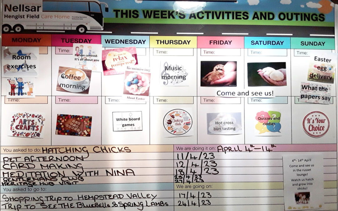 Weekly activity board at Hengist Field Care Home