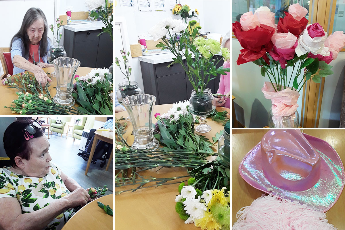 Pink Week flower arranging and crafts at Hengist Field Care Home