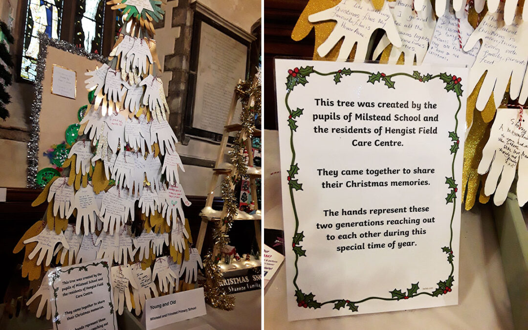 Hengist Field Care Home residents and local school children create handprint Christmas tree
