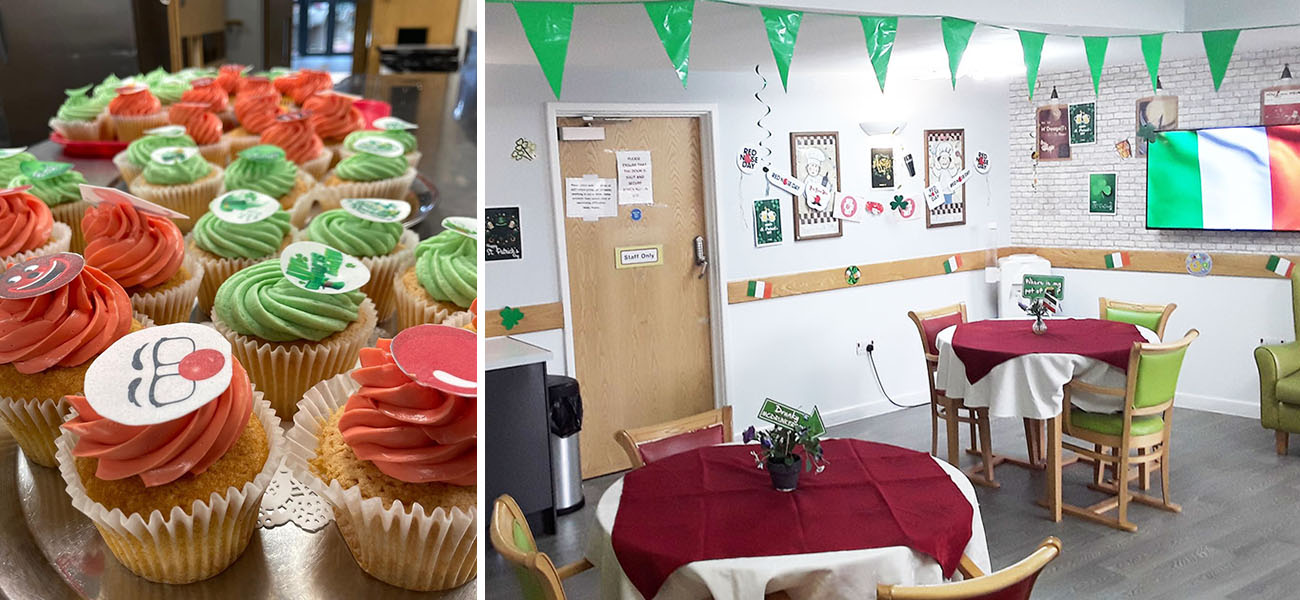 St Patrick's Day decorations and Red Nose Day cakes at Hengist Field Care Home